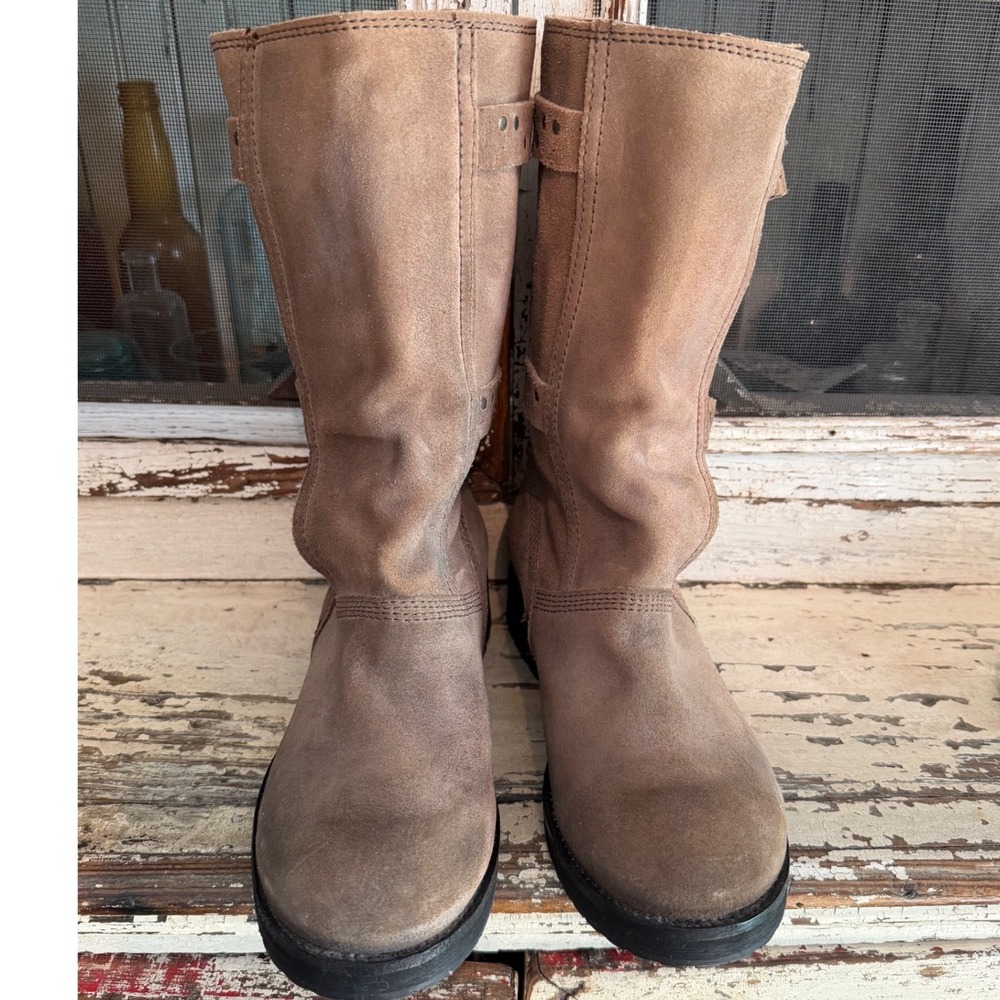 Diesel Tan Suede Moto Engineer Boots Mid Calf Buckle Straps Brown Womens 37